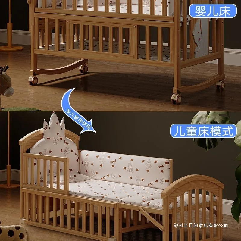 Crib solid wood unpainted cradle baby bb bed newborn multi-function bed children splicing bed movable
