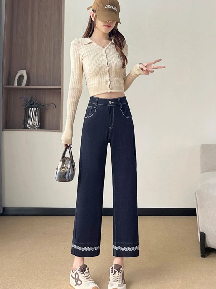 Narrow version cigarette tube jeans women's lace embroidery design autumn and winter 2025 straight leg nine cropped pants