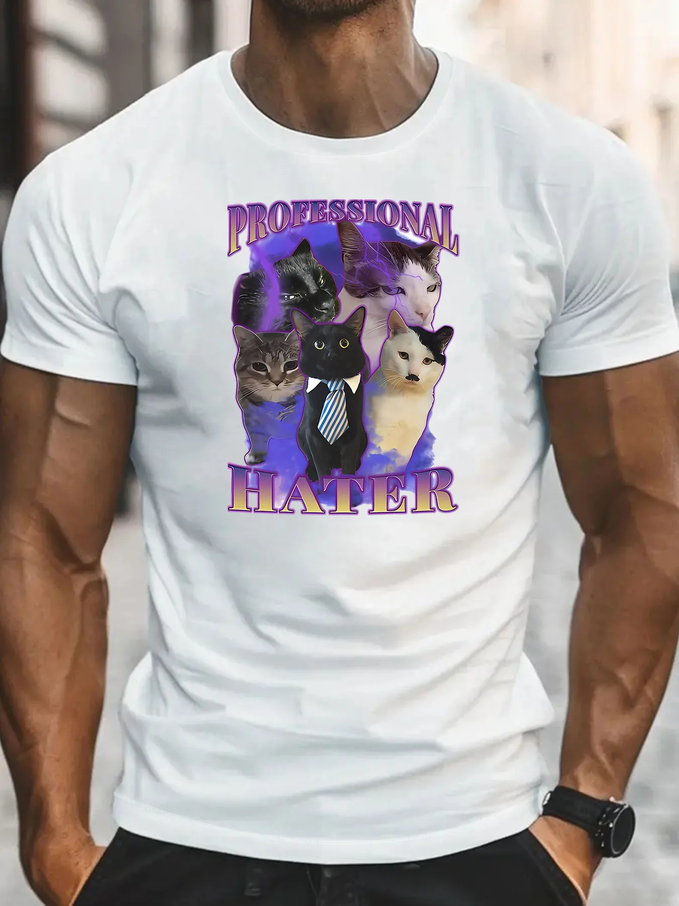 Professional Hater Funny Cat Emoji T-Shirt, Unisex, Ugly Cat T-Shirt, Stupid Gifts, Summer, Everyday Casual, Crew Neck Short Sleeves, Fashion Men's Clothing