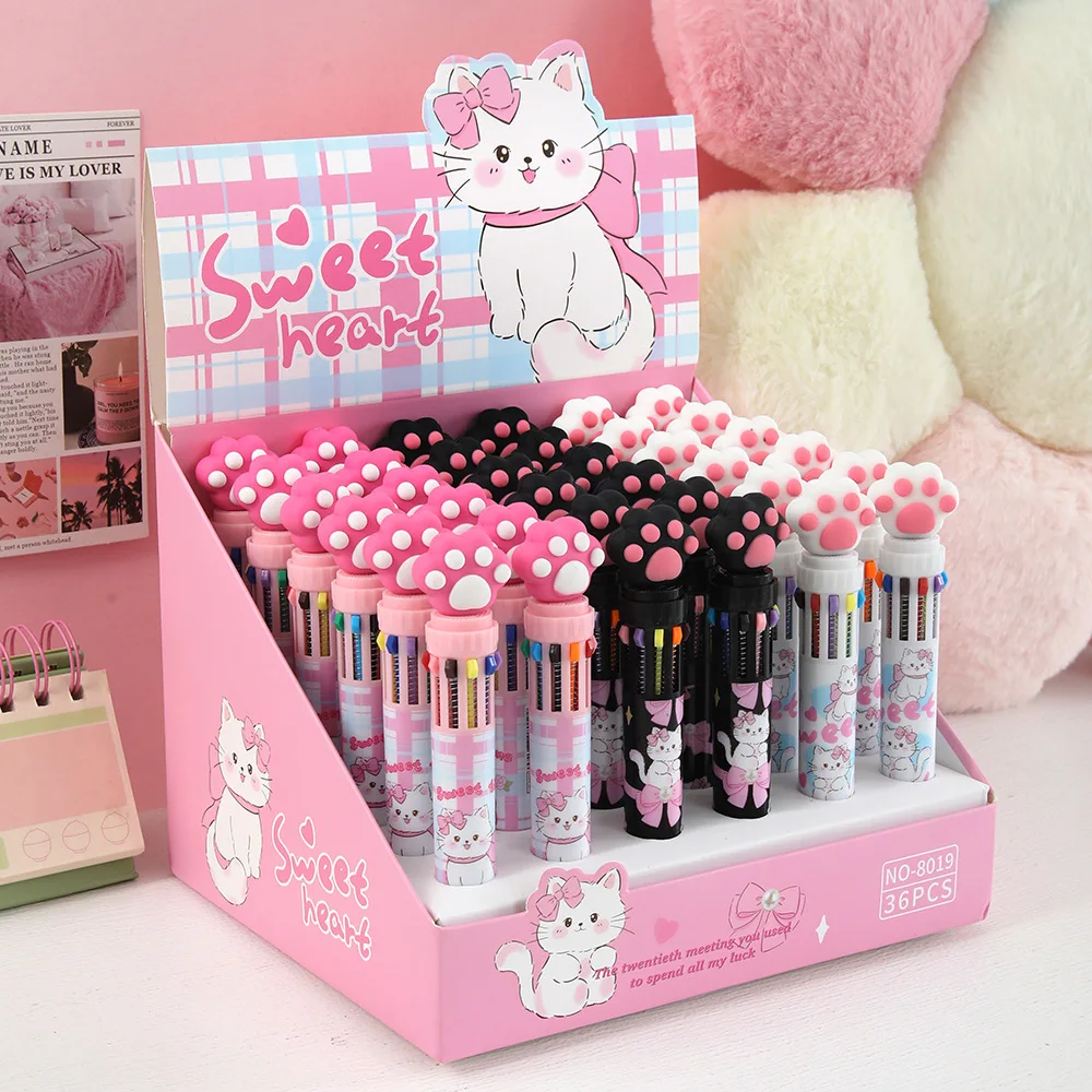 36pcs Sweet Heart Cat Paw 10 Colors Multicolor Ballpoint Pen Aesthetic Pink Ballpoint Pen For Office School Study Stationery