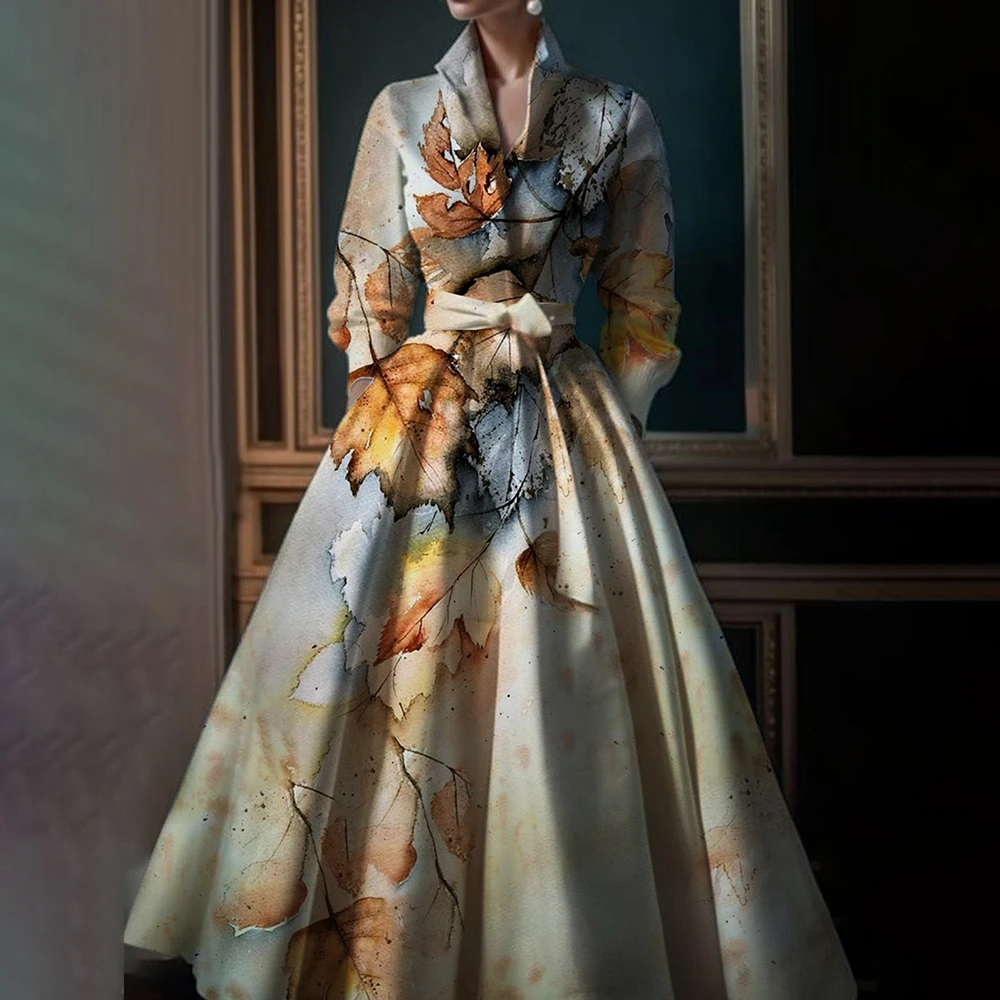 Abito lungo da donna elegante con stampa di foglie d'acero Abito lungo vintage a maniche lunghe in cotone con risvolto a vita alta Abiti lunghi da sera femminili