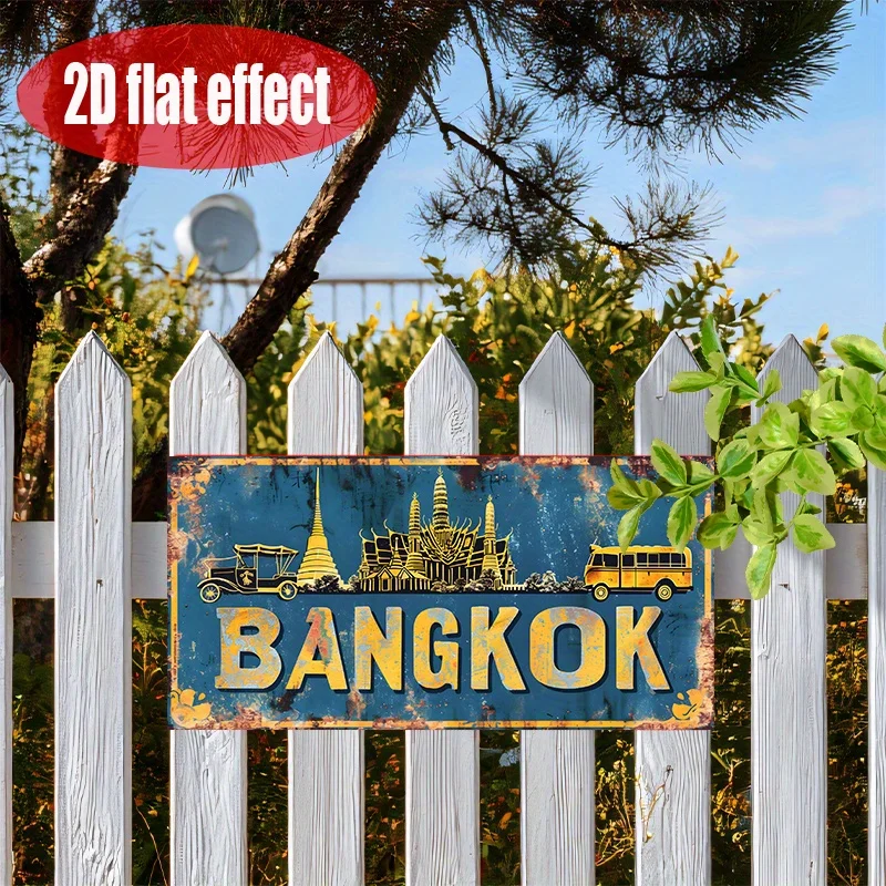2D Flat 1pc Vintage Bangkok Metal  Sign Aluminum Wall Decoration with Famous Attractions, No Electricity Required
