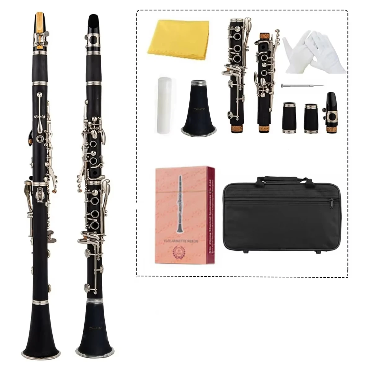 17-Key Bb Clarinet ABS Professional Woodwind Instrument with Case, Nickel-Plated Keys & Full Kit (Reeds, Cork Grease, Tools)