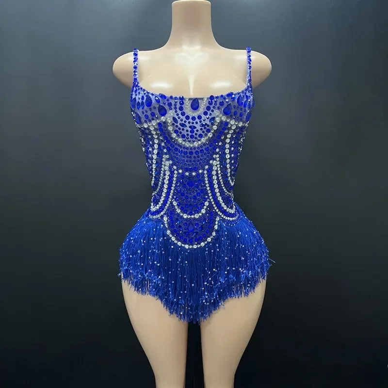 customized Star Concert Concert Blue Tassel White Versatile Ball Music Festival Performance Dress sexy stage outfit