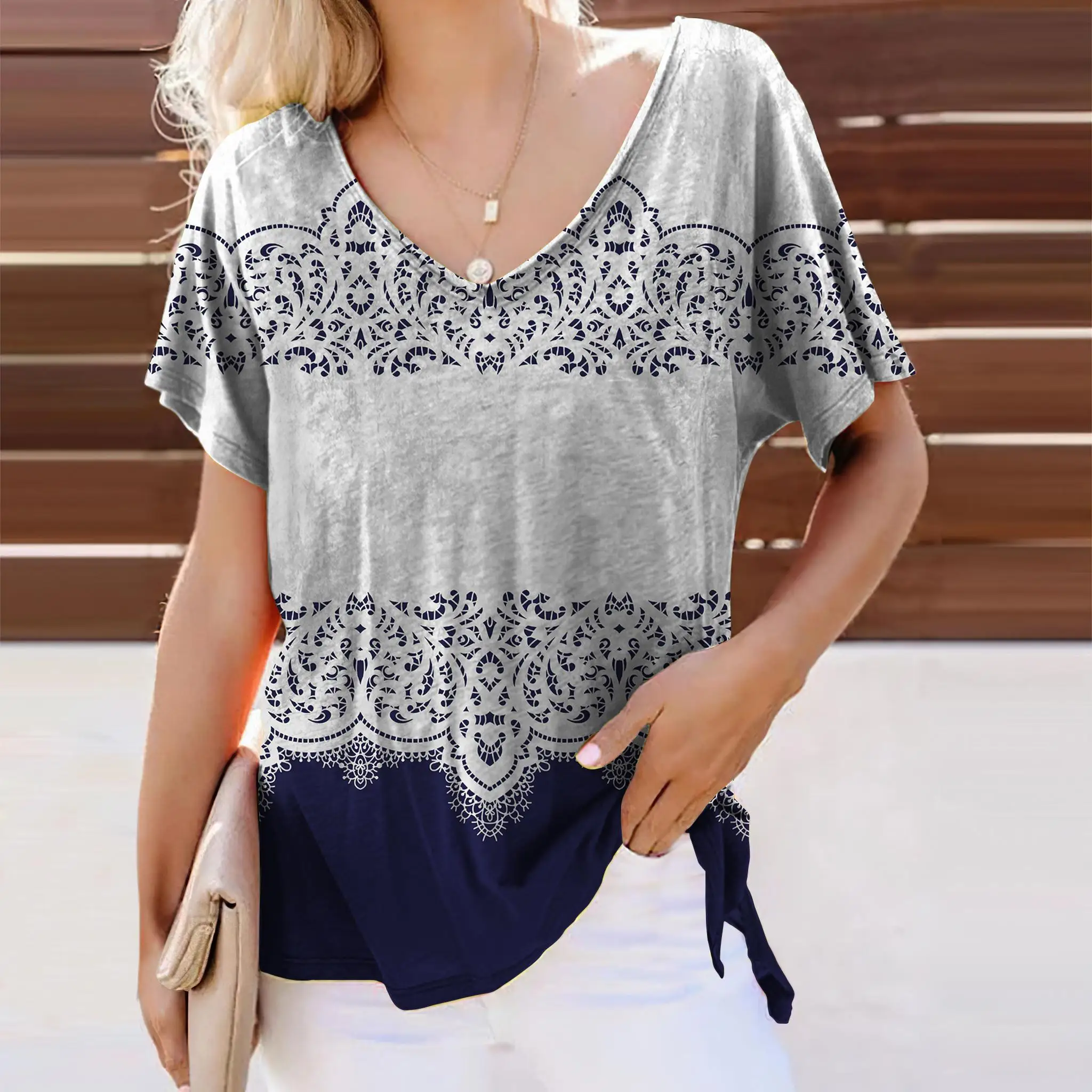 Lace Printed T Shirt For Women V-neck Short Sleeve Female Clothing Loose Casual Summer Tee Fashion Streetwear Ladies T-shirt Top