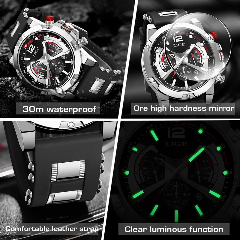 LIGE Casual Men Watch Luxury Waterproof Luminous Chronograph Date Man Wristwatch Military Quartz Men\'s Watches High Quality