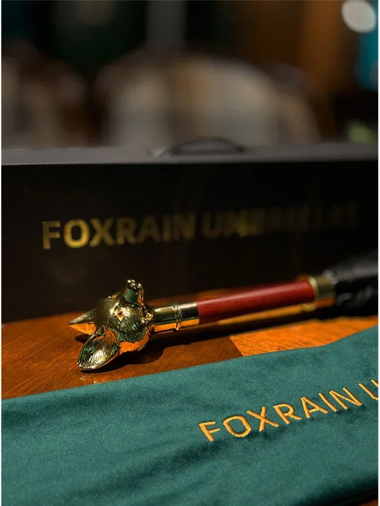 Luxury Personality High Density UV Protection Umbrella Long Handle Gold Silver Straight Bar Creative Fox Head Umbrella Gift