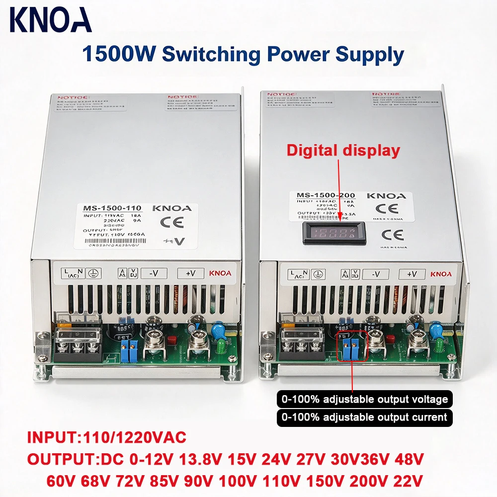Adjustable 1500W Digital Display Switching Power Supply AC/DC 0-12V 13.8V 24V 36V 48V 60V 72V 80V 110V 150V 220V Industrial SMPS