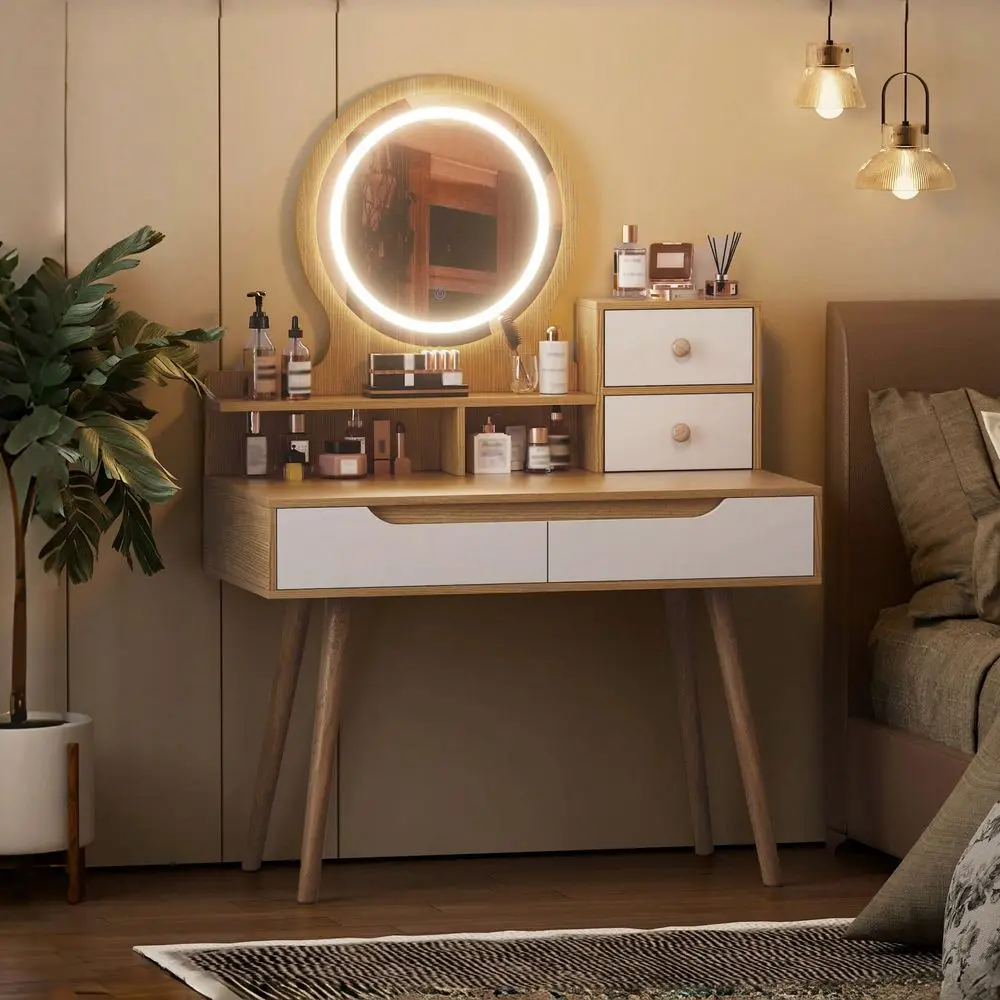 

Vanity Desk With 3 Adjustable Lighted Mirror With Solid Wood Table Feet , Dressing Table Set With 4 Drawers And 3 Open Shelves