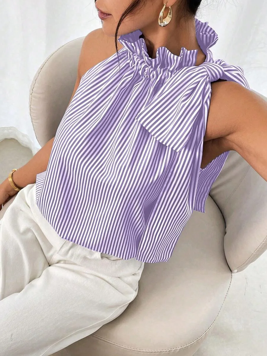 

Women's Blouses Summer Fashion Bow Sleeveless Striped Lace Turtleneck Tethered T-shirt Top For Women Casual Pullover Shirts New