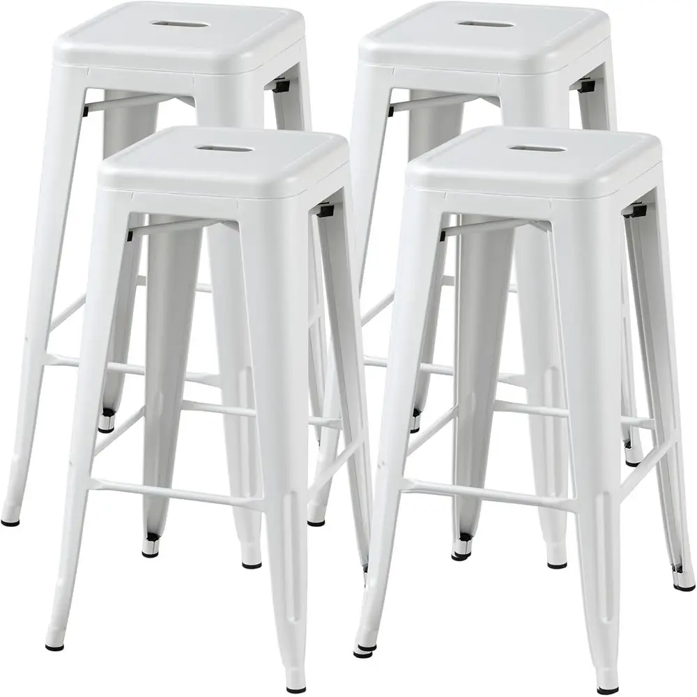

Set of 4 - 30 Inch Stackable Metal Bar Stools, White, Suitable for Kitchen, Dining, Bistro, and Patio