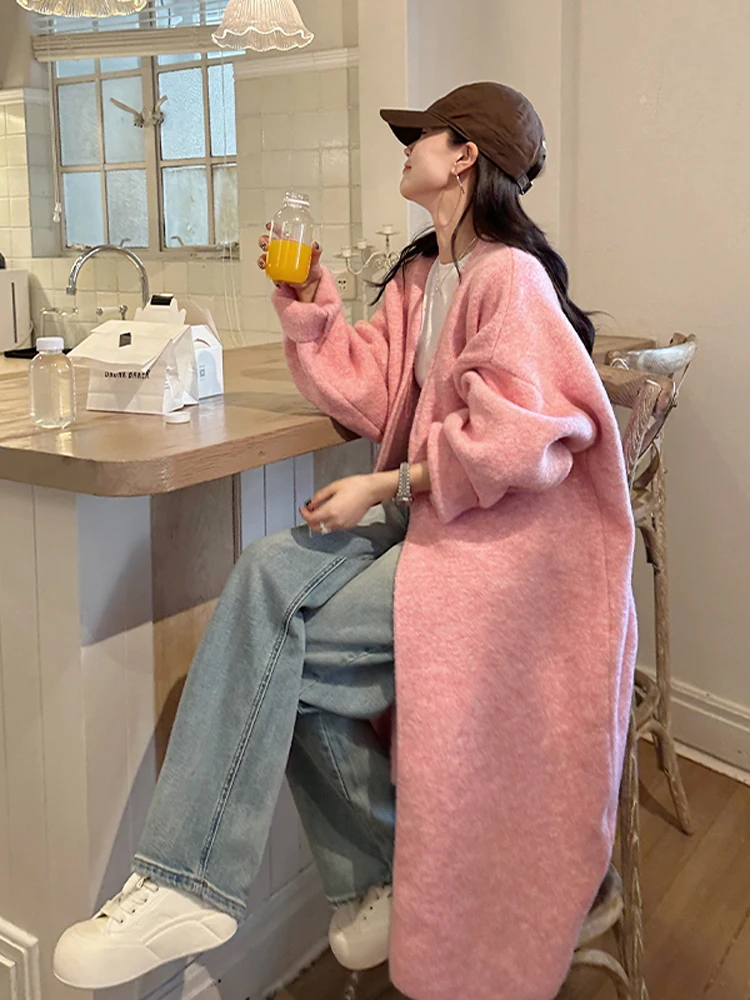 

Pink Knitted Loose Sweater Chic Long Outerwear for Women Korean Sle Spring Autumn Open Cardigan Trendy Casual Fiber Blend