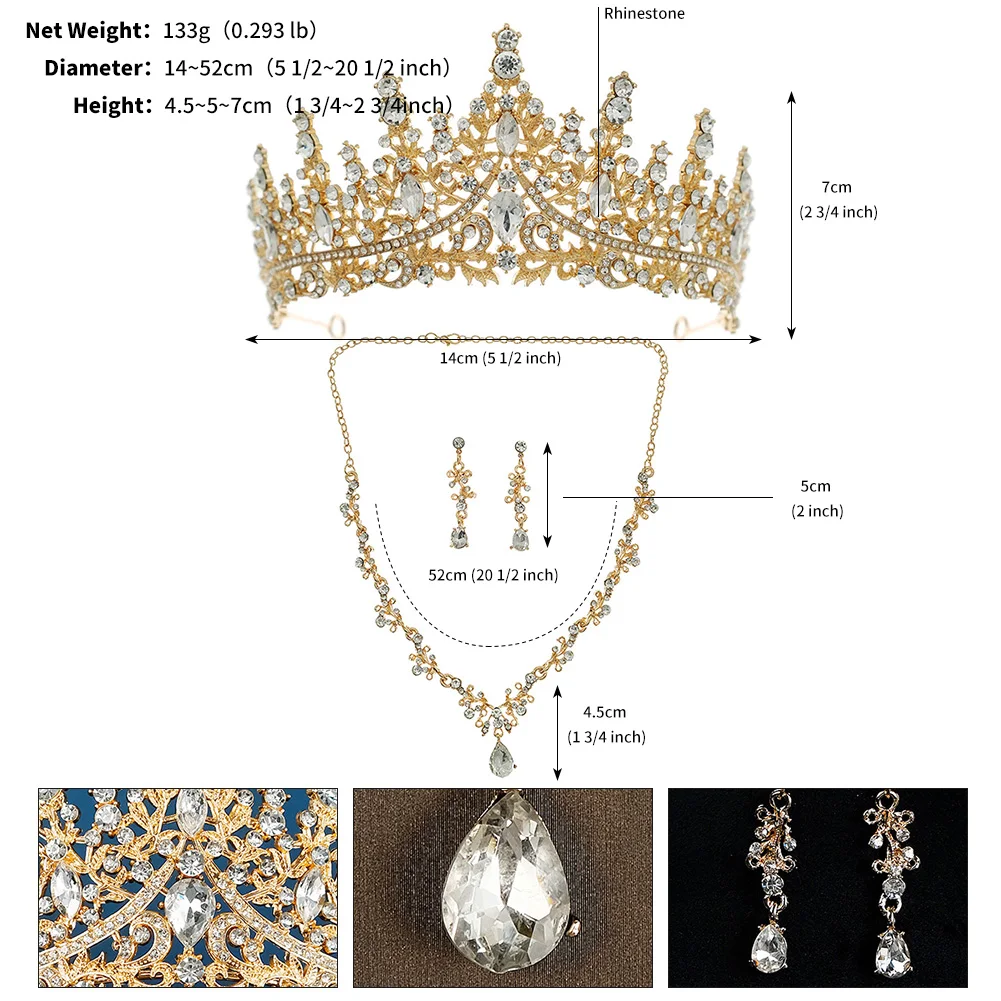 Full Of Charming Style Vintage Classical Champagne-color Ladies\' Tiara Necklace Earrings 4 Pcs Set ​For Wedding Bride