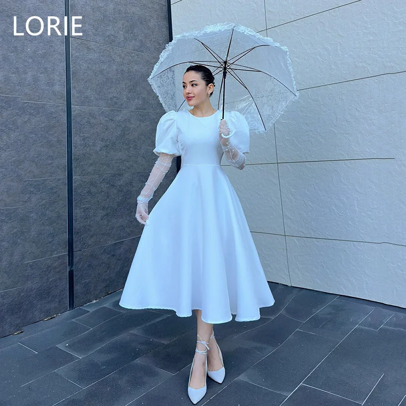 

LORIE A-line Elegant Satin Mini Wedding Dress Puff Half Sleeves Bridal Gowns vestidos de novia Backless Customized 2025