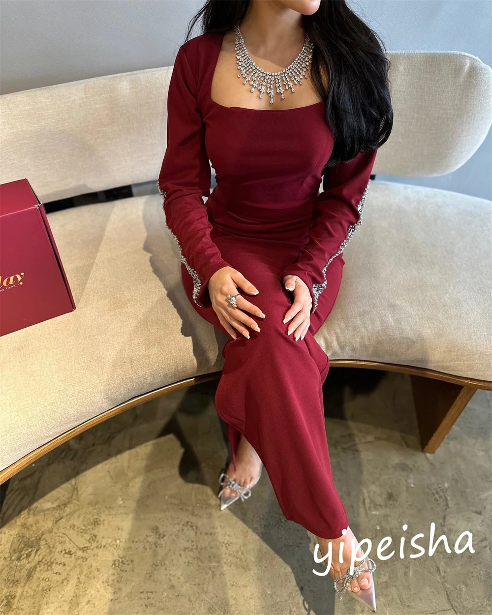 Ball Dress Saudi Arabia Prom Satin Beading Celebrity A-line Square Neck Bespoke Occasion Gown Midi Dresses