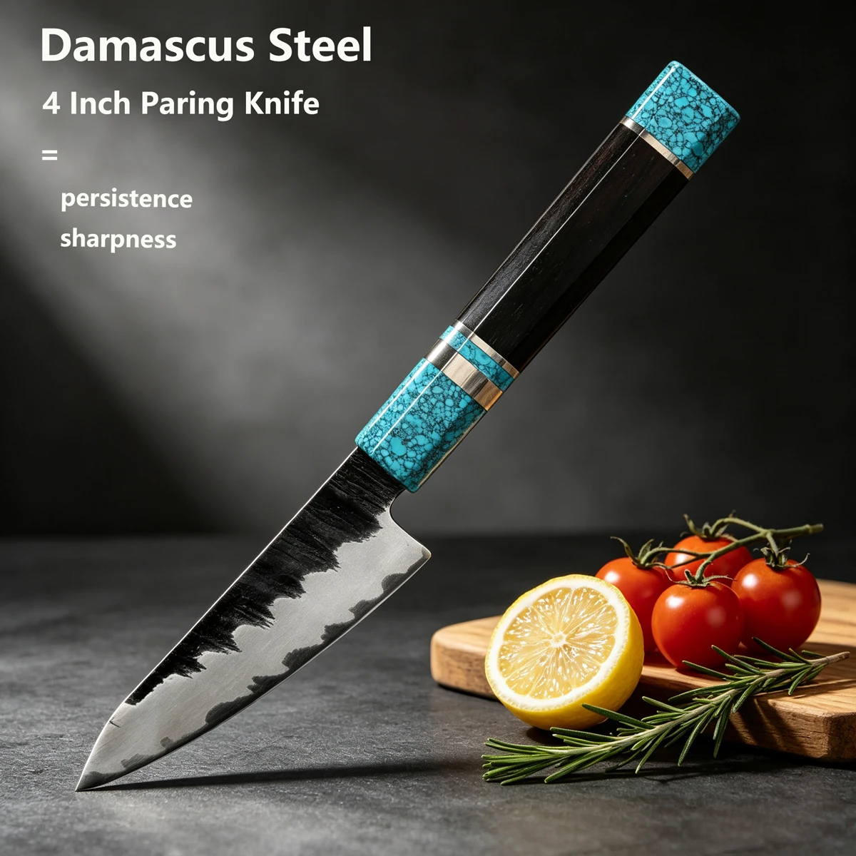 4 Inch Damascus Steel Paring Knife Turquoise Inlaid Handle Hand Forged Blade Fruit Vegetable Peeler  Cutlery For Home Cooking