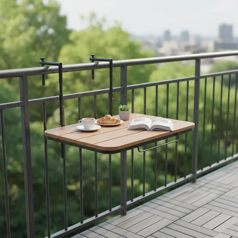 Table Suspendue pour Balcon, 595 x 620 x 800 mm, Table de Bar Pliante pour Balustrades de Balcon Extérieur, 4 Niveaux de Hauteur Réglables, avec Plateau 595 x 400 mm pour Garde-corps de Patio et Terrasse