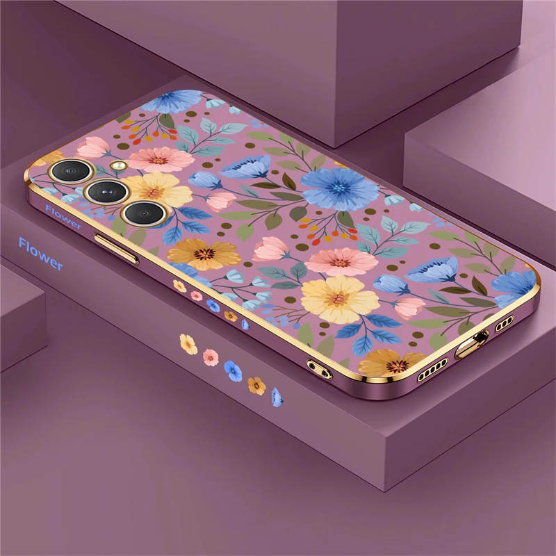 Flower Phone Case For Samsung Galaxy A54 A53 A52 A34 A33 A23 A13 A04E A14 A22 A72 A73 Luxury Plating Silicone Shockproof Cover