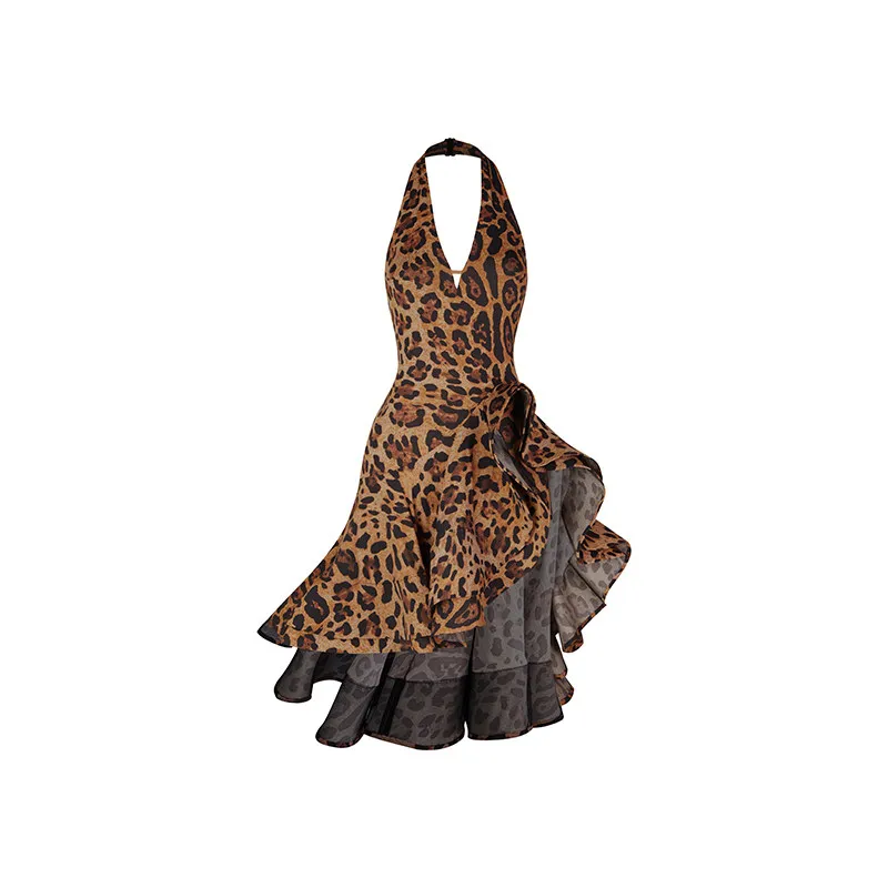 ZYM Children Latin Dance Dress For Girls Sexy Backless Leopard Dress Kids Chacha Rumba Latin Dance Competition Dress DQS12654