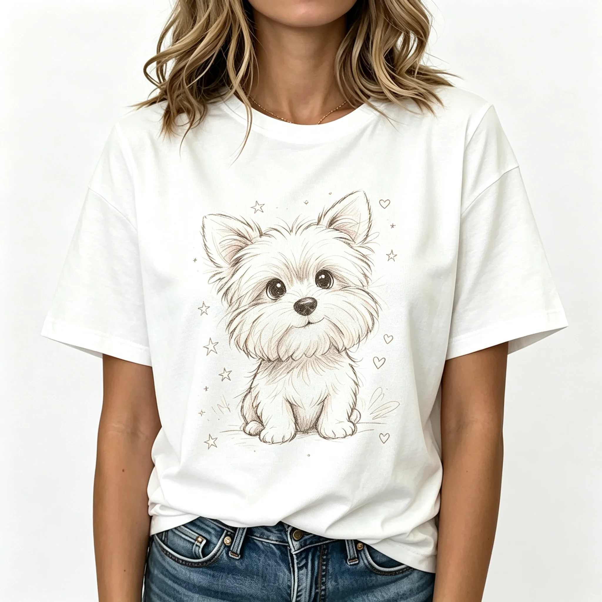 Women Kawaii Hand Drawn Small Dog Print Crew Neck T Shirt Cotton Short Sleeve Tee Lovely Pet Pattern Casual Summer Loose Tops