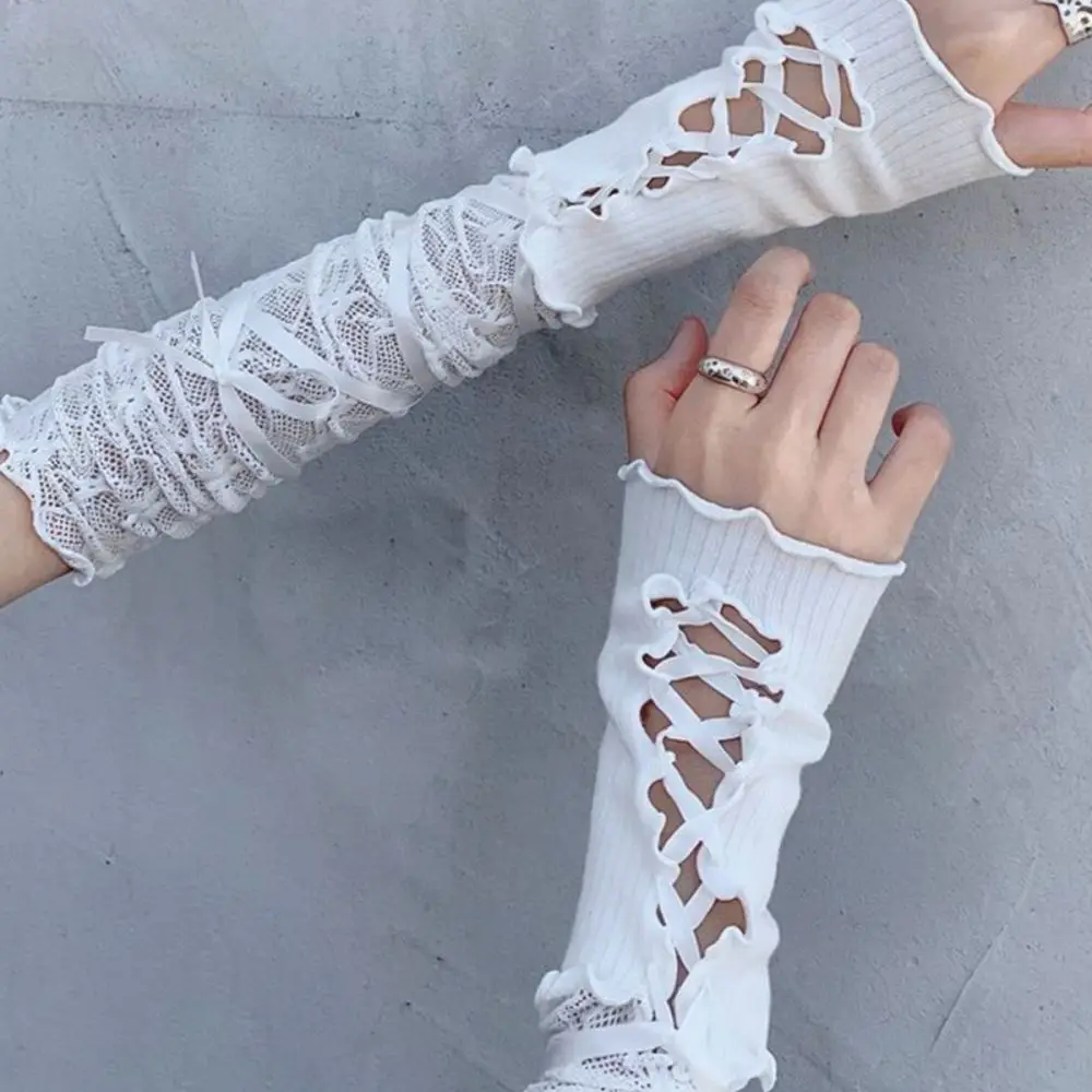 Women Summer Lace Arm Sleeves Balletcore Style Fingerless Gloves Trendy Y2K Bandage Sun Protection Accessories