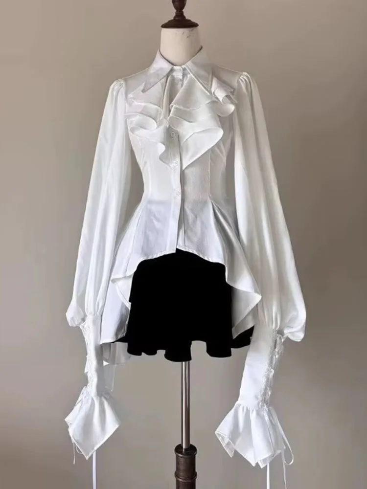 Jk Shirts Women Japanese Vintage Lolita Irregular Blouse Lace Bandage Flare Sleeve Ruffles Y2k Aesthetic Kawaii Tops