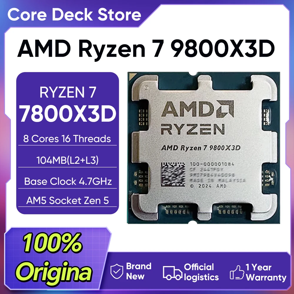 Processeur de bureau AMD Ryzen 7 9800X3D, 8 cœurs, 16 threads, 96 Mo de mémoire V-Cache 3D, socket AM5, DDR5, processeur de jeu débloqué, multiplicateur non limité, sans refroidisseur.