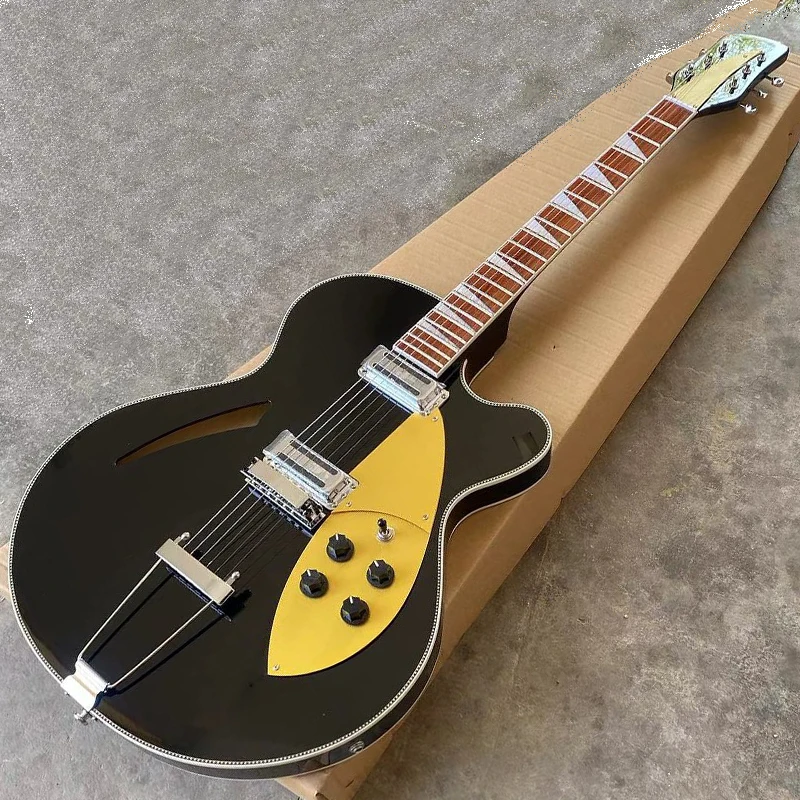 Full Hollow Body Electric Guitar Gold Pickguard Rosewood Fingerboard Tailpiece Bridge Black Color 360 370 Guitarra