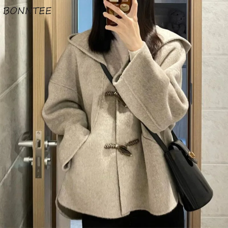 

Hooded Wool Women Horn-button Design Thickening All-match Temperament Korean Fashion Autumn Winter Coat Daily Harajuku Trendy