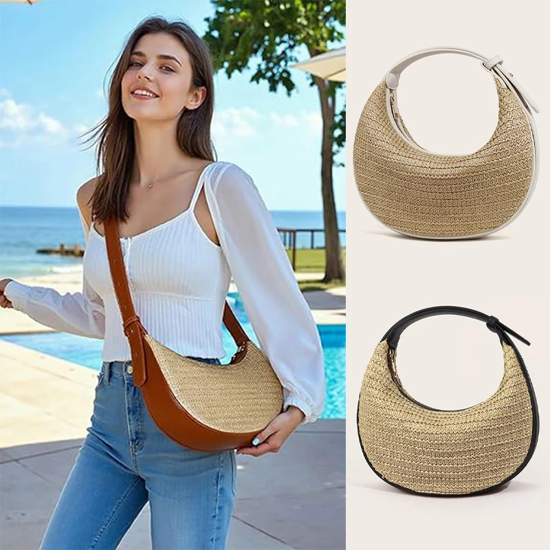 

Fashionable Straw Woven Moon Bag French Elegant New Shell Bags Niche Design Versatile Hot-selling Single-shoulder Crossbody Bags