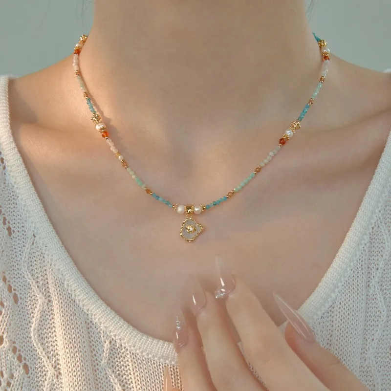 Original Vintage Blue Natural Stone Beadworks Necklace Freshwater Pearl New Chinese Choker for Ladies Elegant Handmade Jewelry