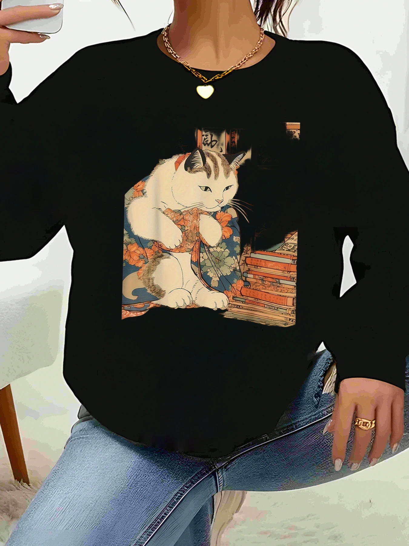 

Толстовка в японском стиле с принтом кота, осенне-зимняя повседневная одежда, женская одежда