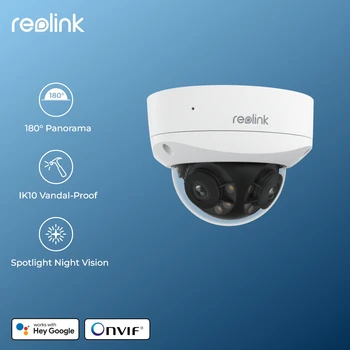 รีลิงค์ 4K 16MP 180 °   กล้อง IP PoE เลนส์คู่ IK10 กล้องรักษาความปลอดภัยป้องกันการป่าเถื่อน กล้องเฝ้าระวังบ้านอัจฉริยะพร้อมสปอตไลท์