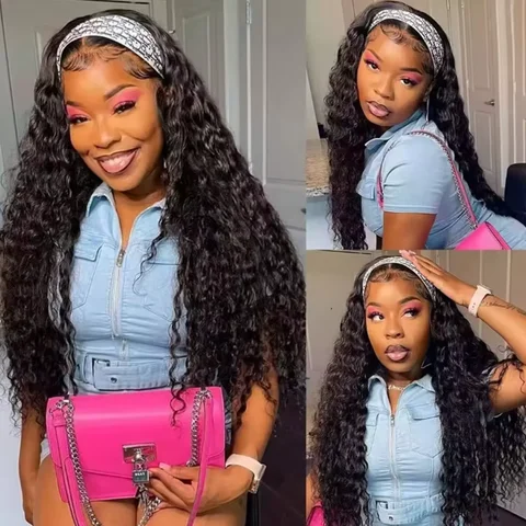 Brazilian Human Hair Headband Wigs Jerry Kinky Curly Deep Wave Body Wave Water Wave Machine Wig for Black Women 250% Density Ready to Wear
