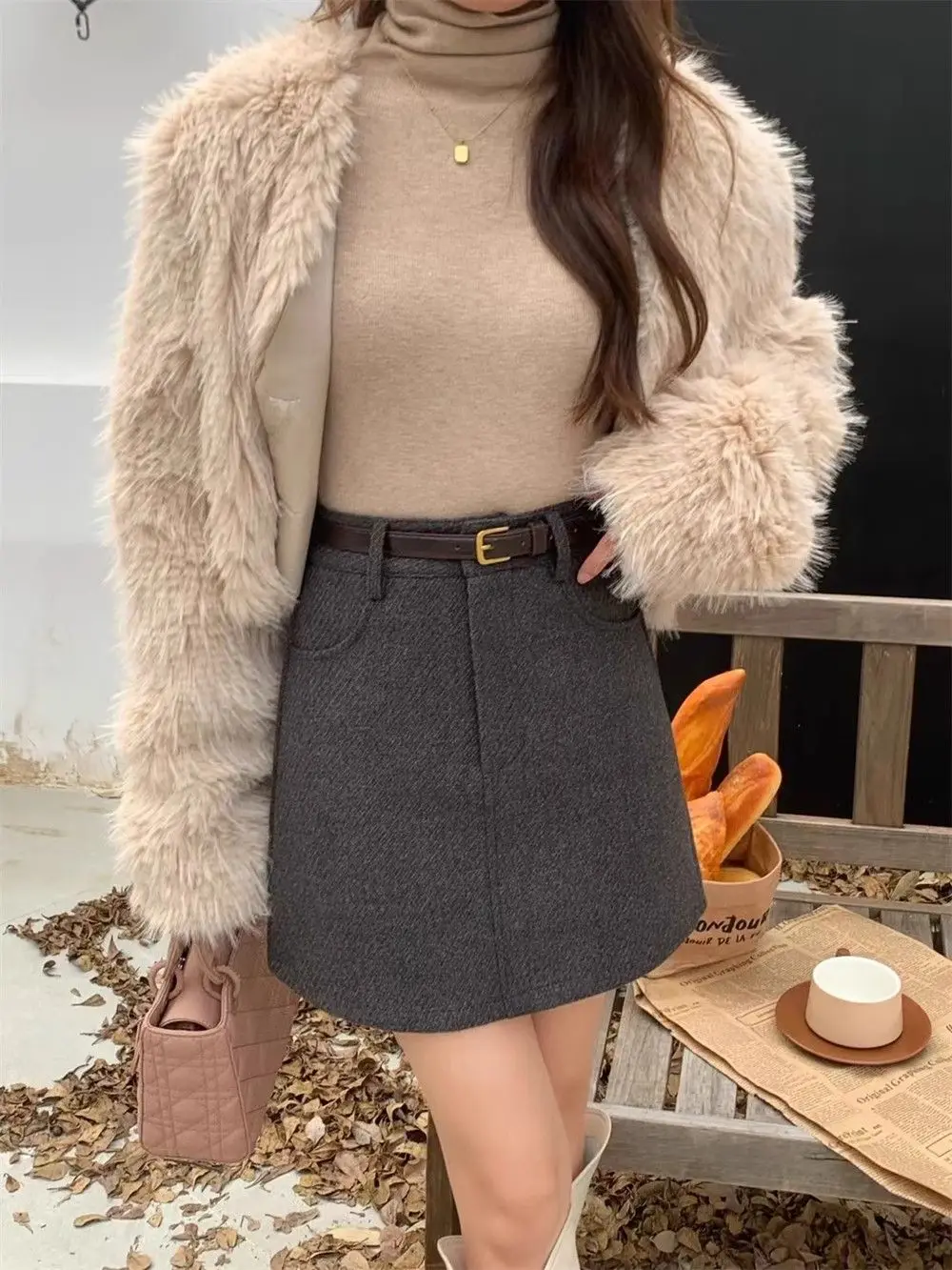 Woolen Midi Skirt Women's Autumn Winter New Versatile High Waist Slimming A-line Wrapped Hip Retro Spicy Girl Thick Short Skirt