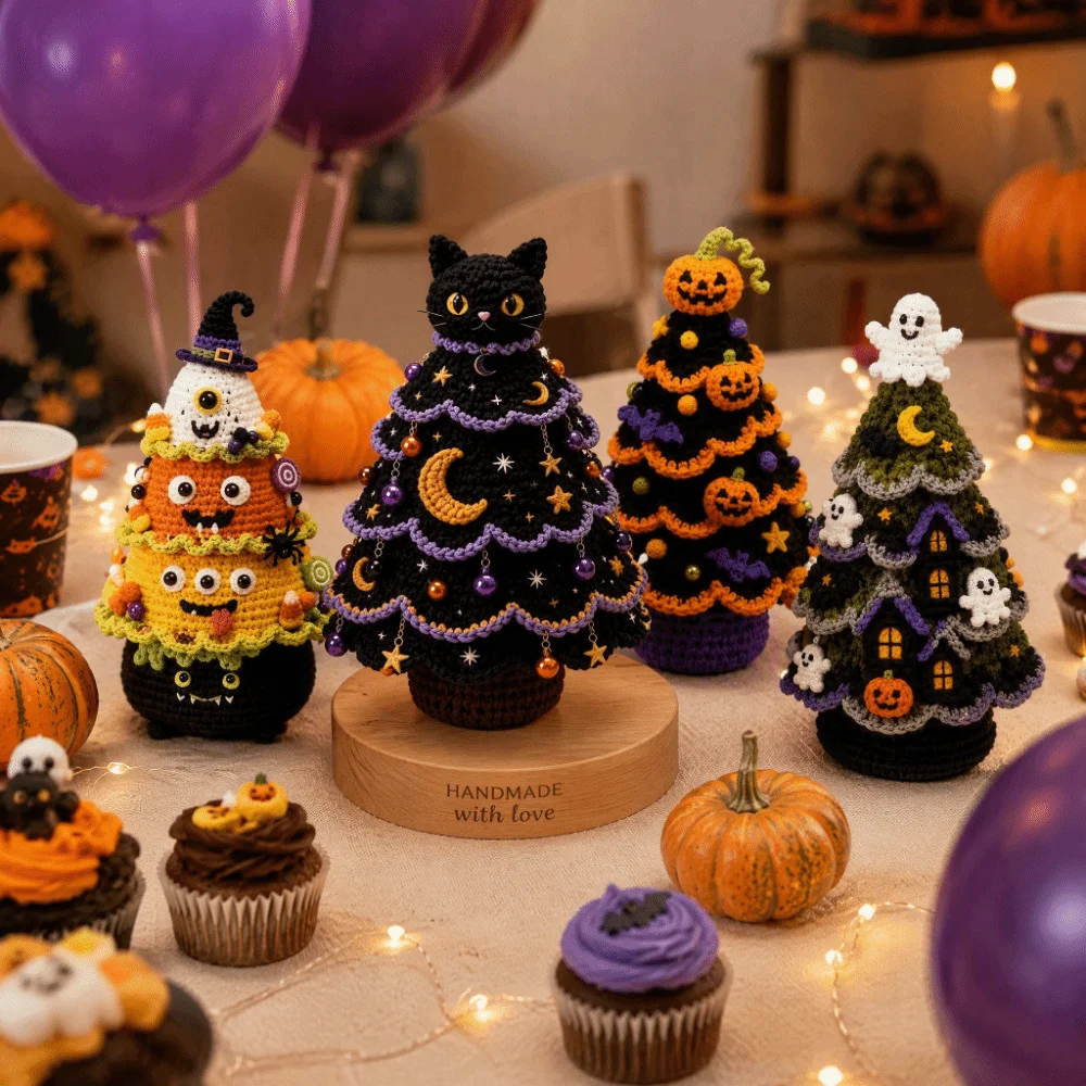 Beginner Friendly Halloween Crochet DIY Kit Christmas Tree Shape Gothic Style Yarn Craft Set Complete Set Hand-Made