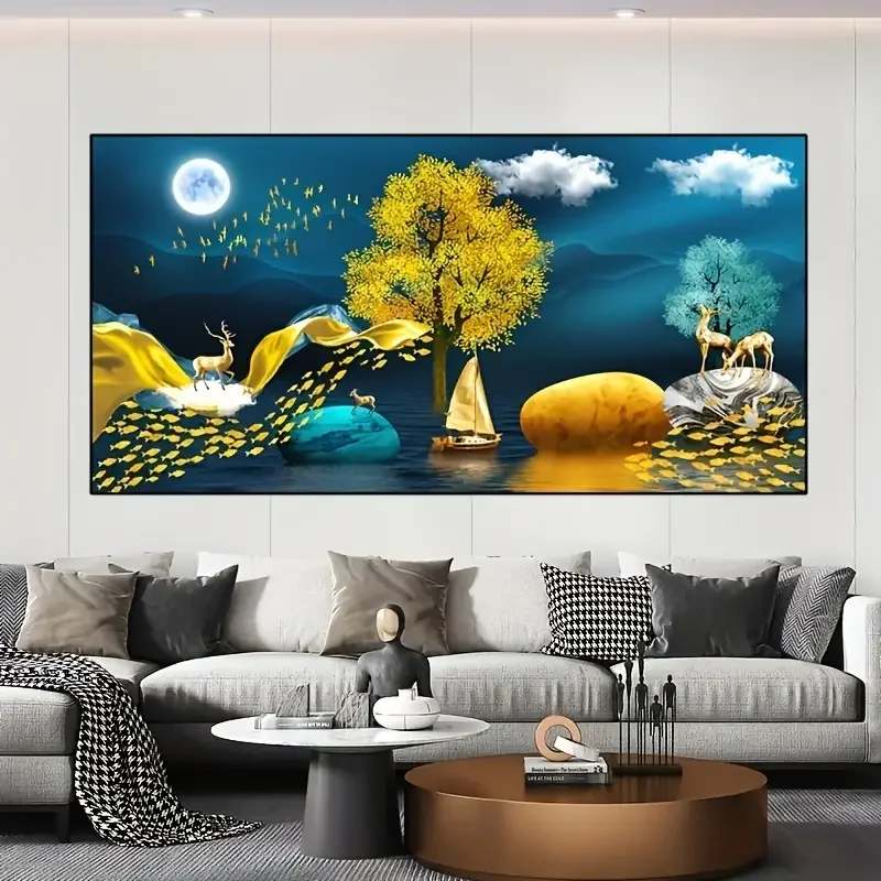 1pc frameless Canvas Painting 1pc Chinese Feng Shui Golden Rich Tree Canvas Painting Wall Art, Deer Landscape Lucky Stone Poster