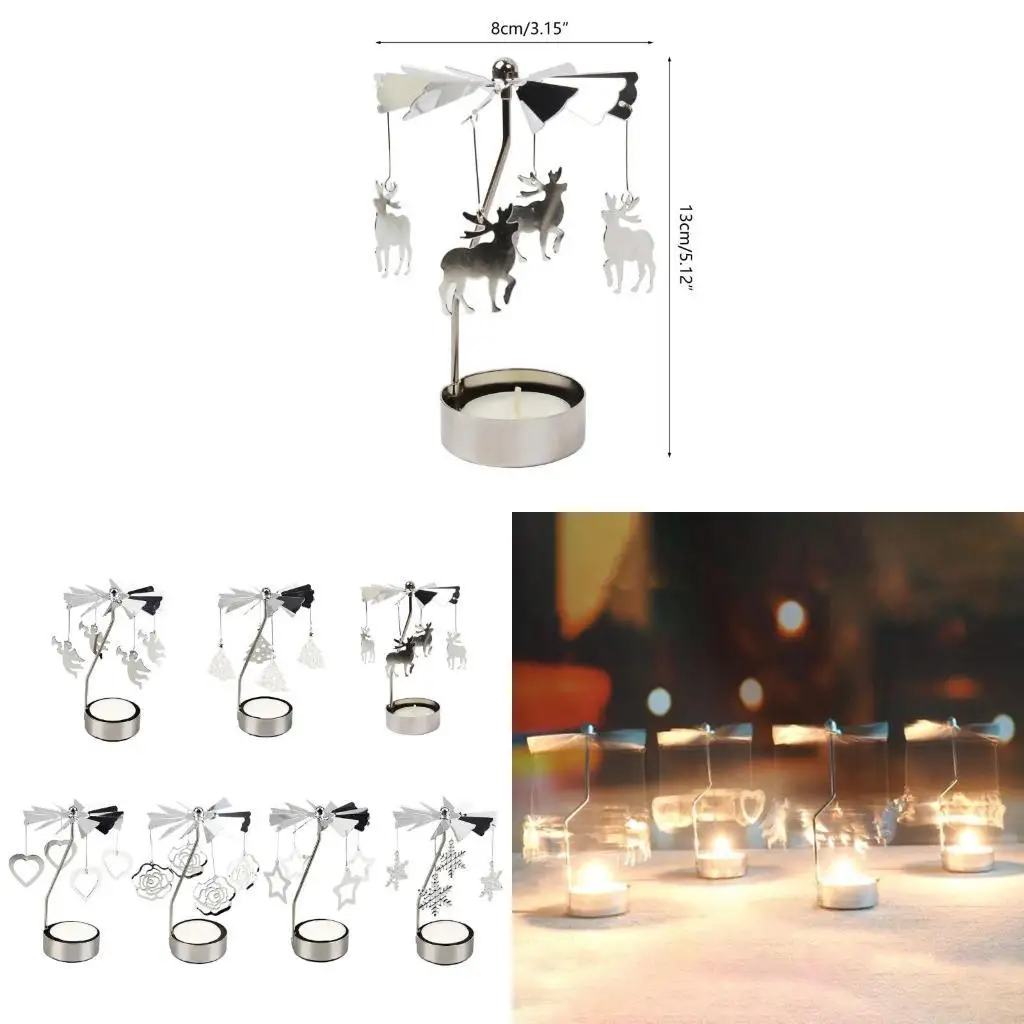 37ME Metal Spinning Tea Light Holder Creative Rotating Candlestick Ornament Snowflake Deer Heart Christmas Trees