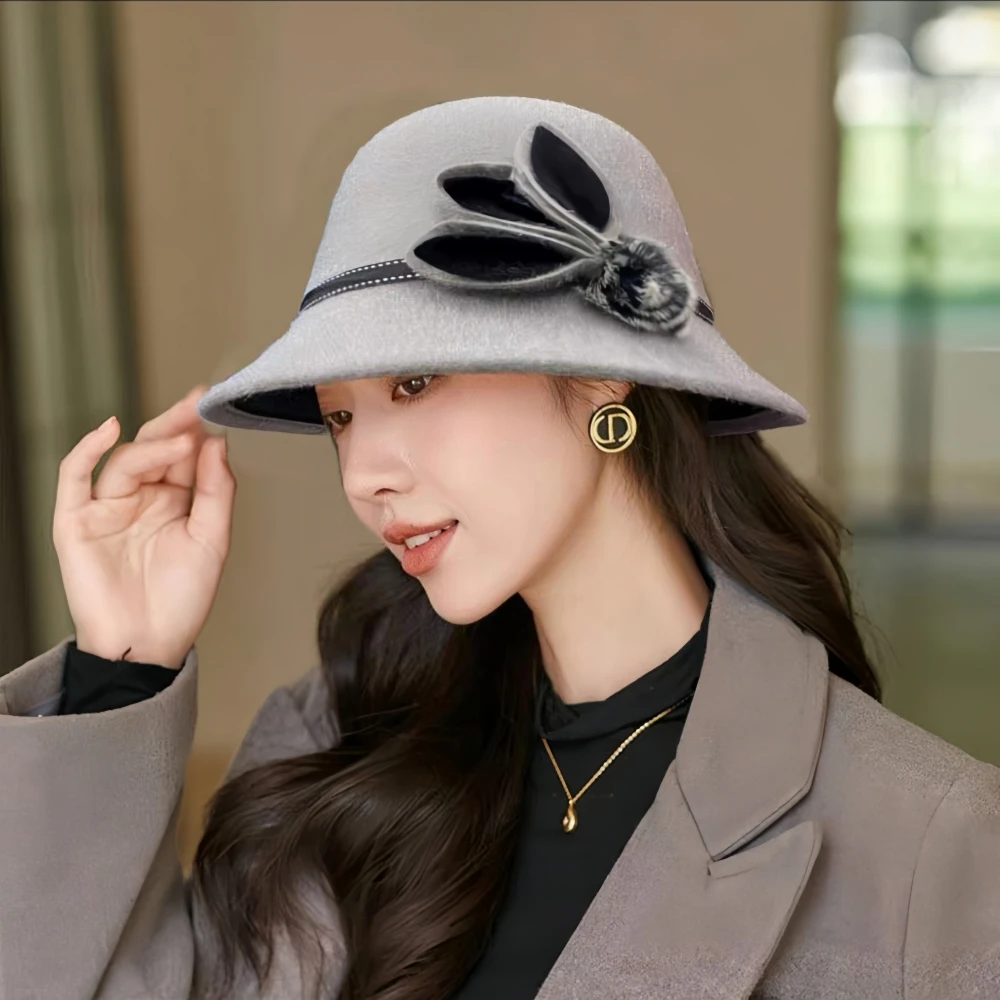 Mother Party Hat Elegant Mom Dome Cap Bow Bowler Wool Ladies Hat Autumn Winter Fedoras Cap Pure Color Hairball Vintage Jazz Cap