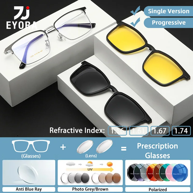 

EYORA Men Magnetic Clip on Glasses Reading Glasses Myopia Eyewear Hyperopia Anti Blue Ray Progressive Photochromic Eyewear Lens