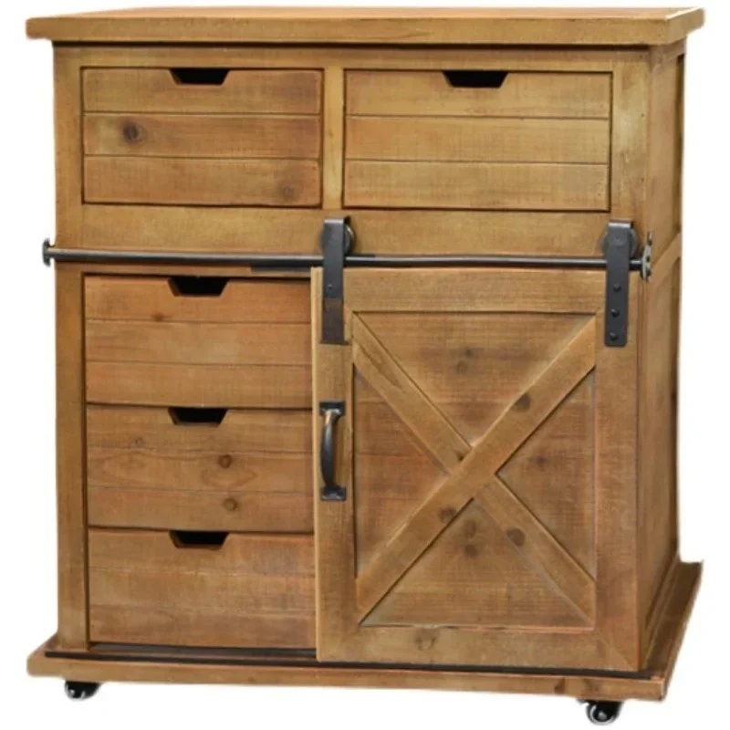 Y American rural retro industrial wind chest cabinet with roller movable whole storage cabinet living room