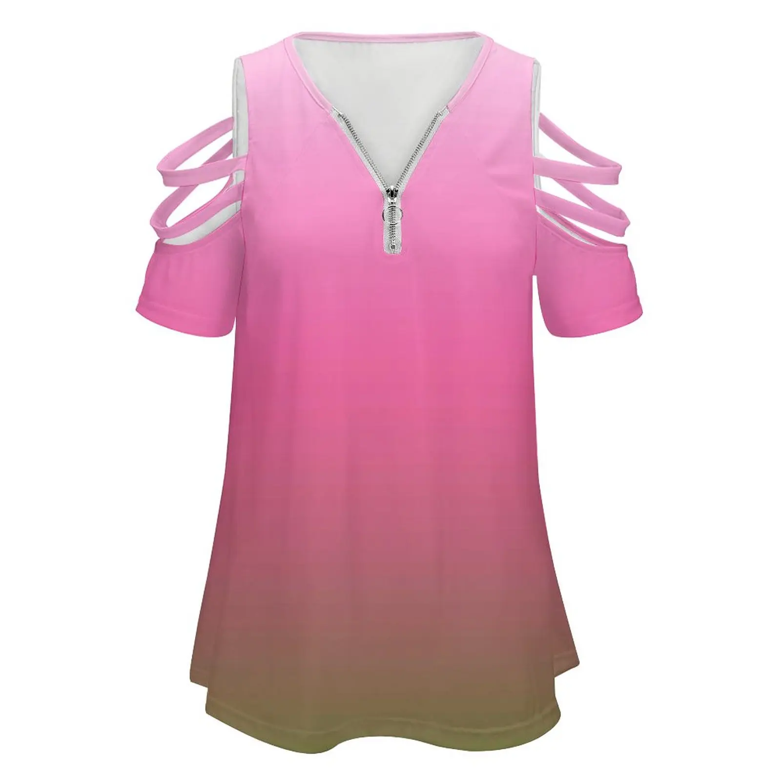 Ombre White To Pink To Green New Fashion Zip Off Shoulder Top Short-Sleeve Women Shirt Ombre Ombre Pattern Shading Shady Shade