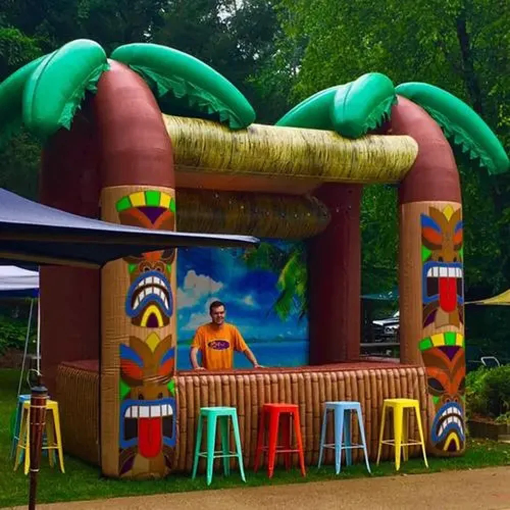 wholesale Outdoor opened 3.mLx2.5mW inflatable Tiki bar with palm tree portable drinking pub serving bars for summer beach party