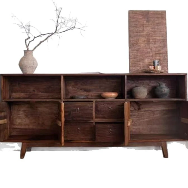 古いニレ、サイドキャビネット、侘び、複数の引き出し、収納、収納、壁際の家庭用家具