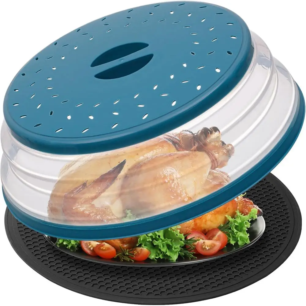 

12-Inch Collapsible Microwave Splatter Guard with Silicone Mat - Vented Dish Lid and Kitchen Protector