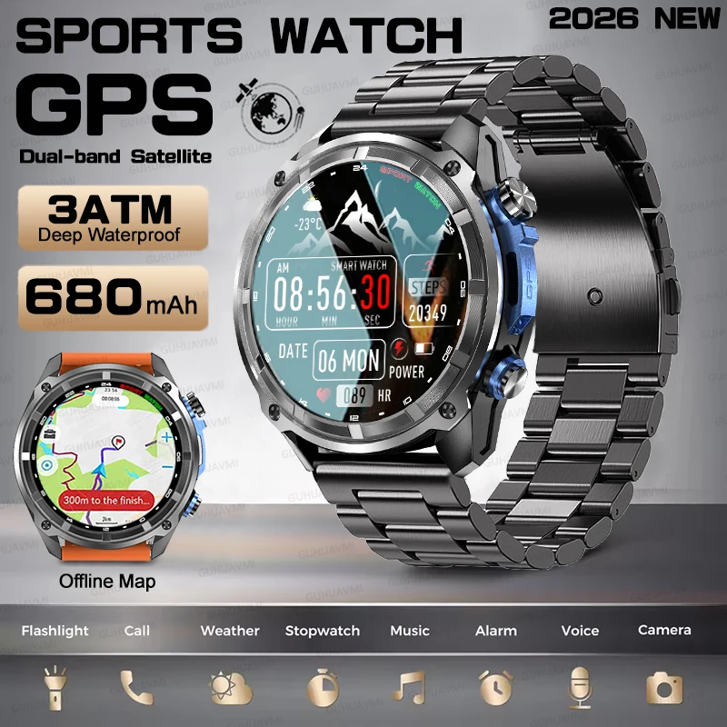 

Новые мужские смарт-часы 2026 года с офлайн-картами, встроенным GPS, памятью 4 ГБ, компасом, альтиметром, водонепроницаемостью 5ATM, Bluetooth-вызовами и функцией для плавания