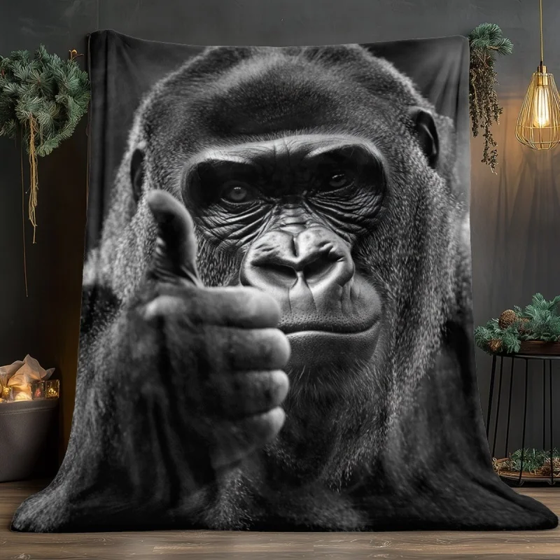 Black White Gorilla Thumbs Up Realistic Print Flannel Throw Blanket, Warm Wild Animal Blanket for Living Room Couch Decor