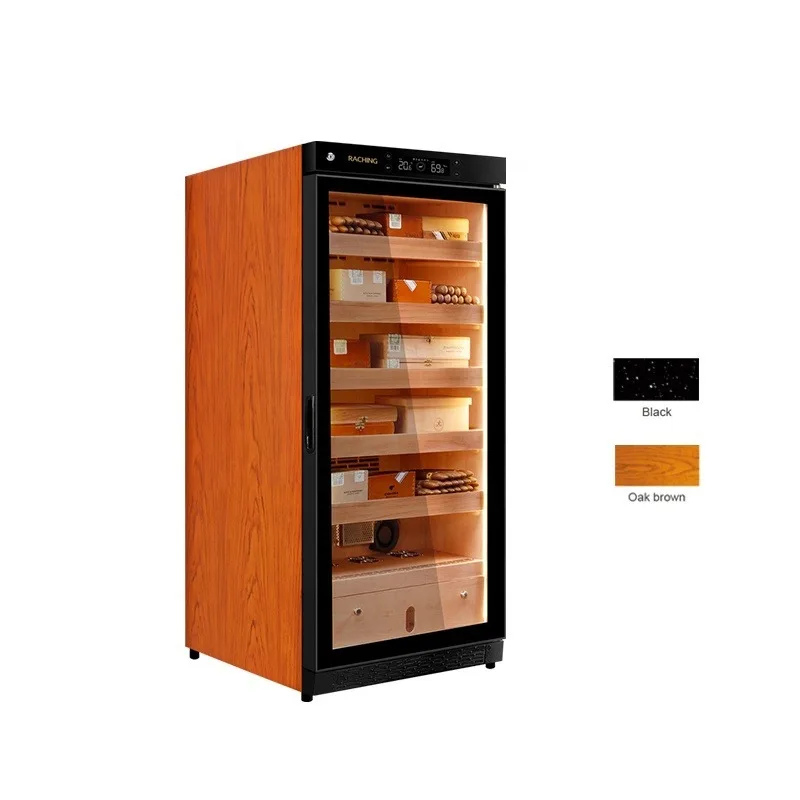 Raching Cigar Humidor Electric Temperature Humidity Control 12-22C Oak Cherry Material Double Tempered Glass Door 230 Capacity