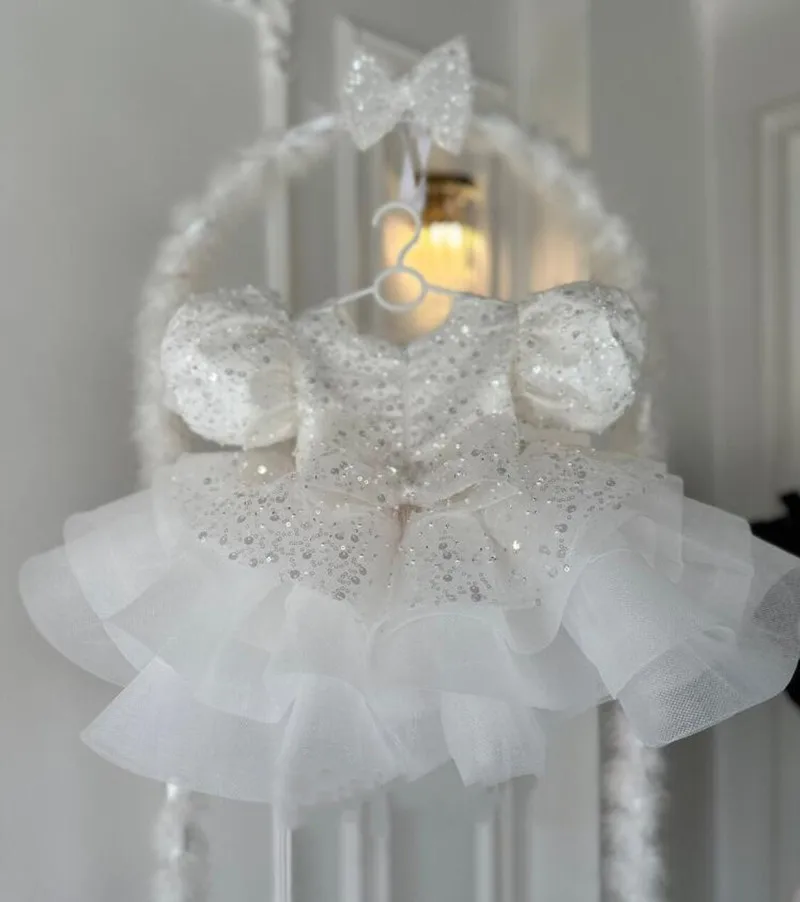 White Fluffy Sequined Baby Girl Dress Toddler First Birthday Party Gown Kids Wedding Evening Tutu Outfit for Girls