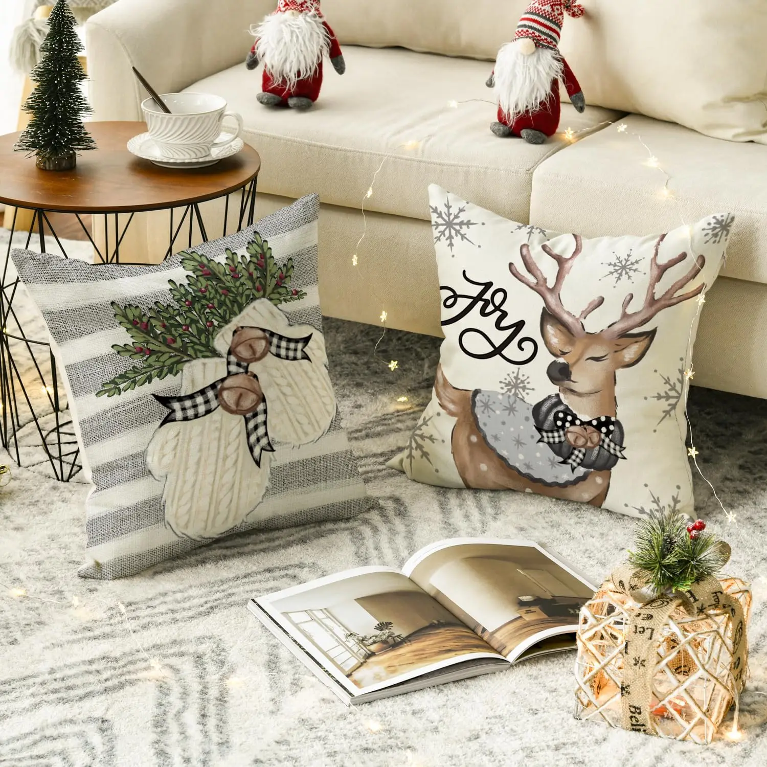 Christmas Snowman Reindeer Gloves Eucalyptus Throw Pillow Covers, Winter Holiday Stripes Cushion Case Decoration for Sofa Couch